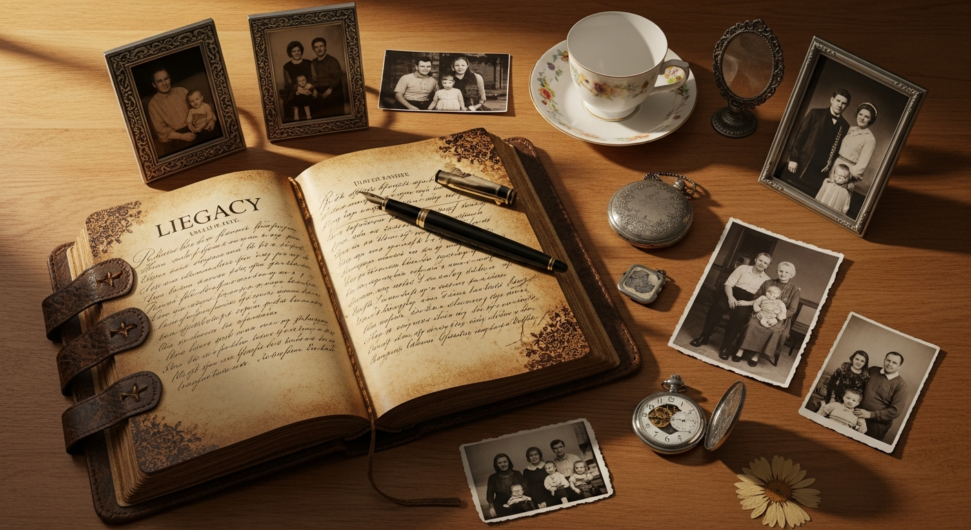 Memorygram Legacy Book hardcover with QR codes and voice recording technology displayed