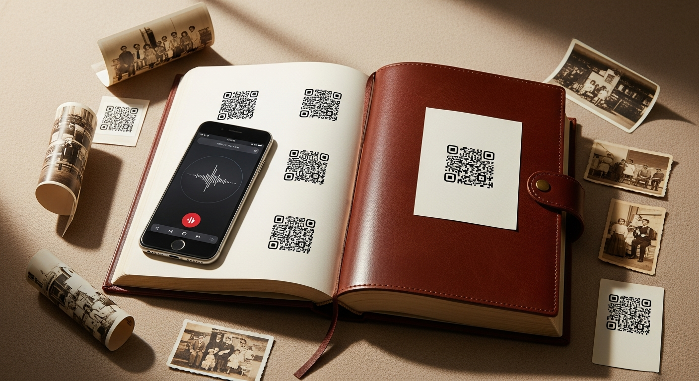 Memorygram Legacy Book hardcover with voice QR codes preserving family stories