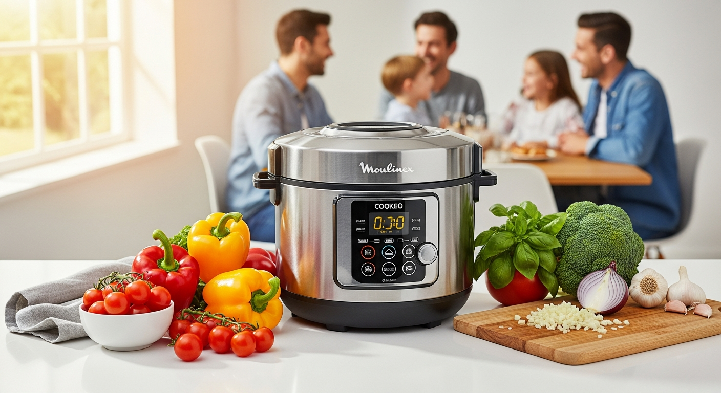 Moulinex Cookeo Smart Multicooker displayed on modern kitchen countertop with family dinner