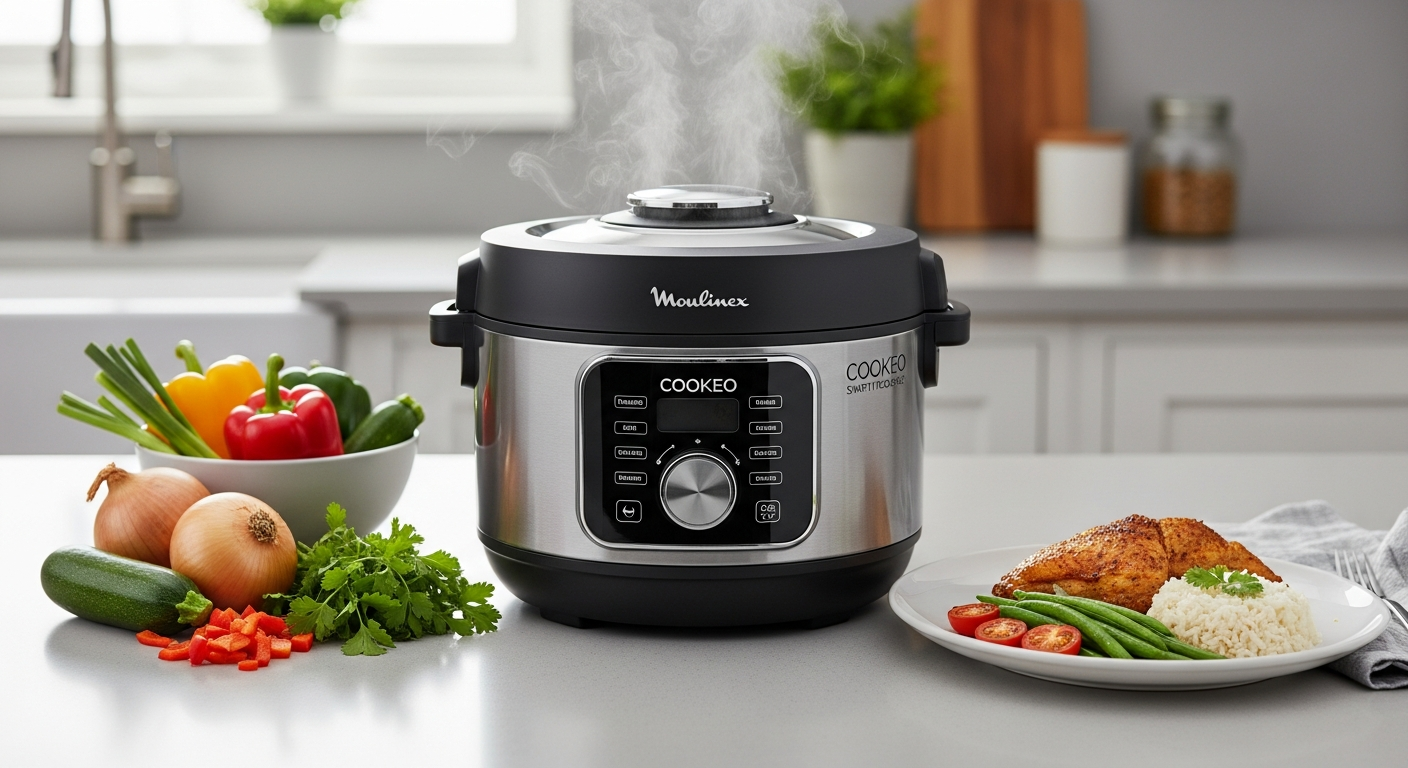 Moulinex Cookeo Smart Multicooker displayed on modern kitchen counter with family dinner