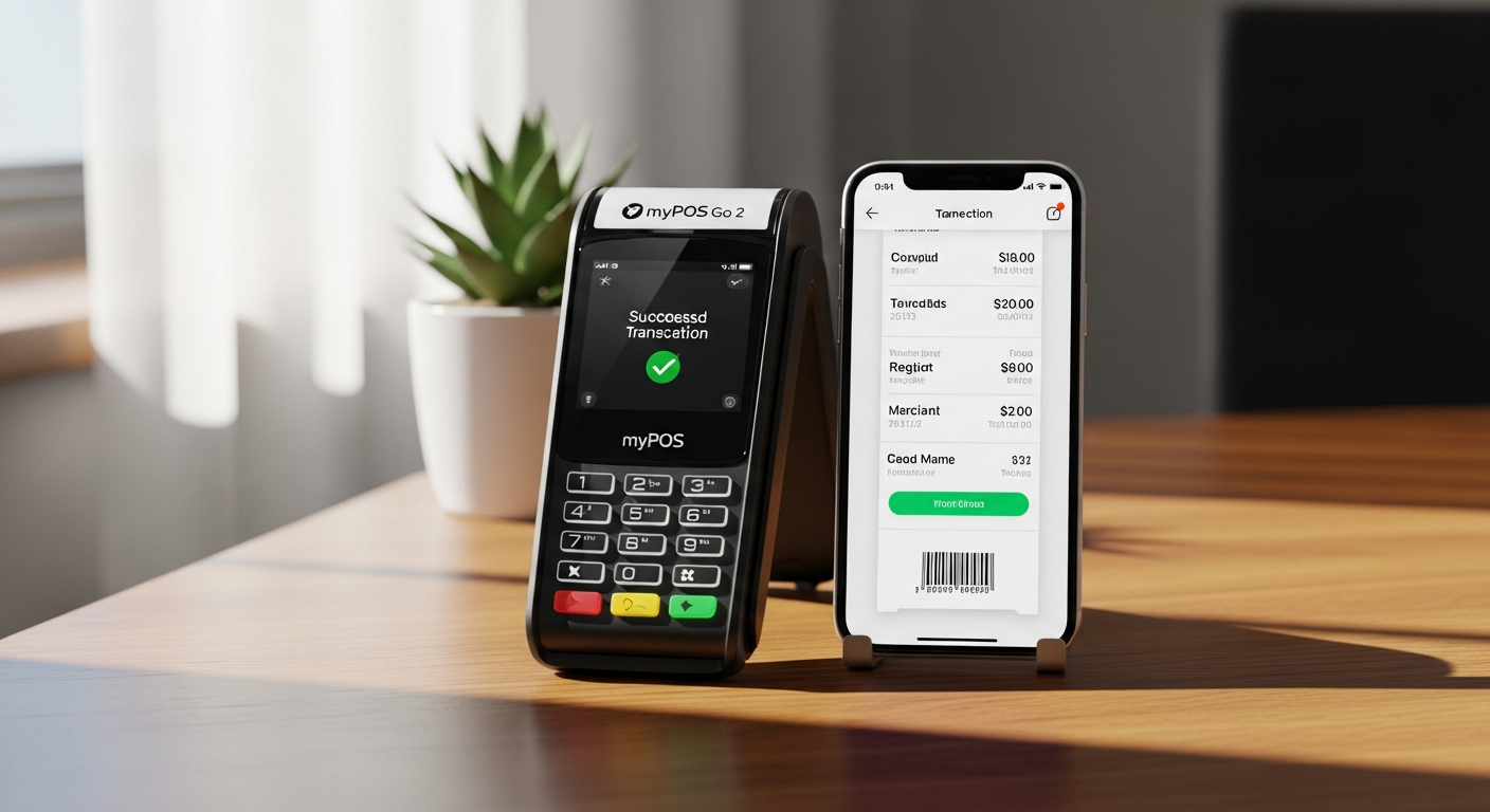 myPOS Go 2 portable card reader device with 4G connectivity and display screen