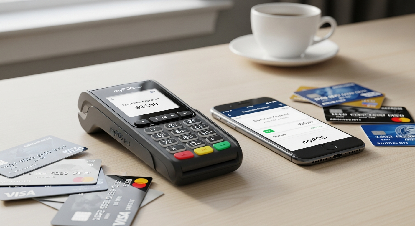 myPOS Go 2 portable card reader device with integrated display and physical keyboard for mobile payment processing