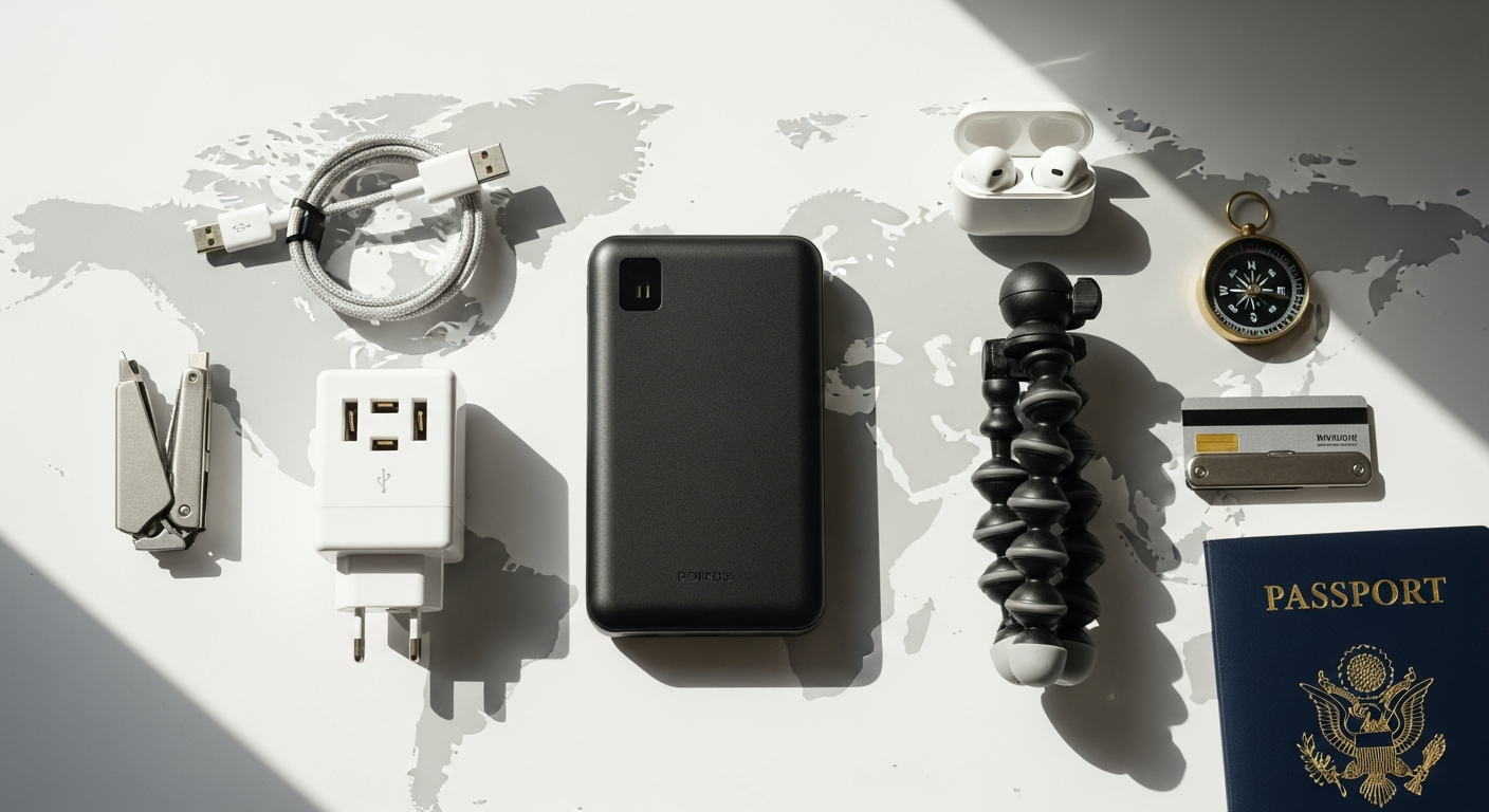 Universal multi-functional tech gadgets displayed with charging cables and LED light features