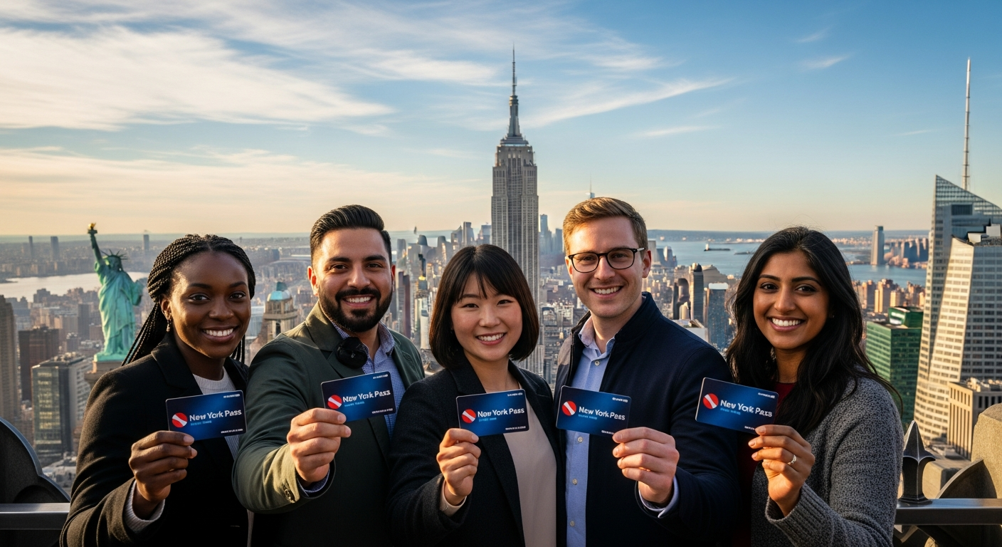 New York City skyline with iconic Empire State Building and tourist attractions visible