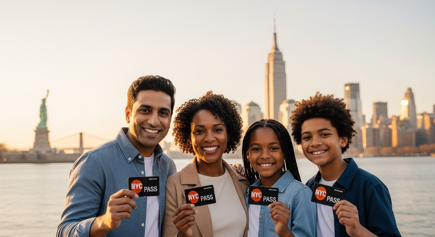 Family enjoying New York City skyline view from observation deck