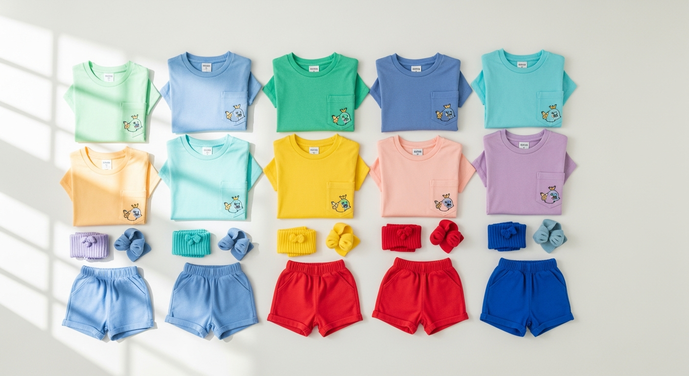 Colorful kids clothing multipack sets displayed with coordinating pieces
