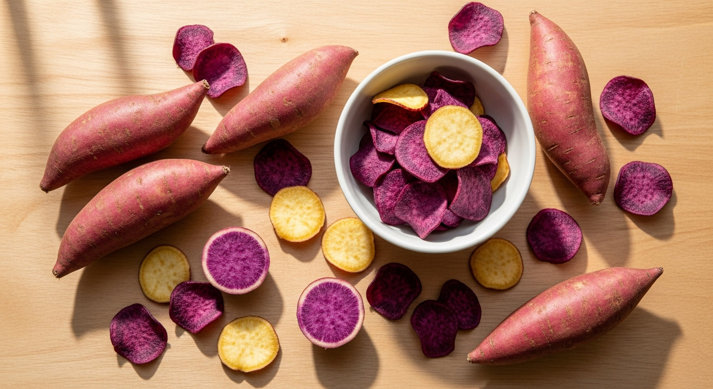 Purple sweet potato chips in yellow No Brand packaging on white background