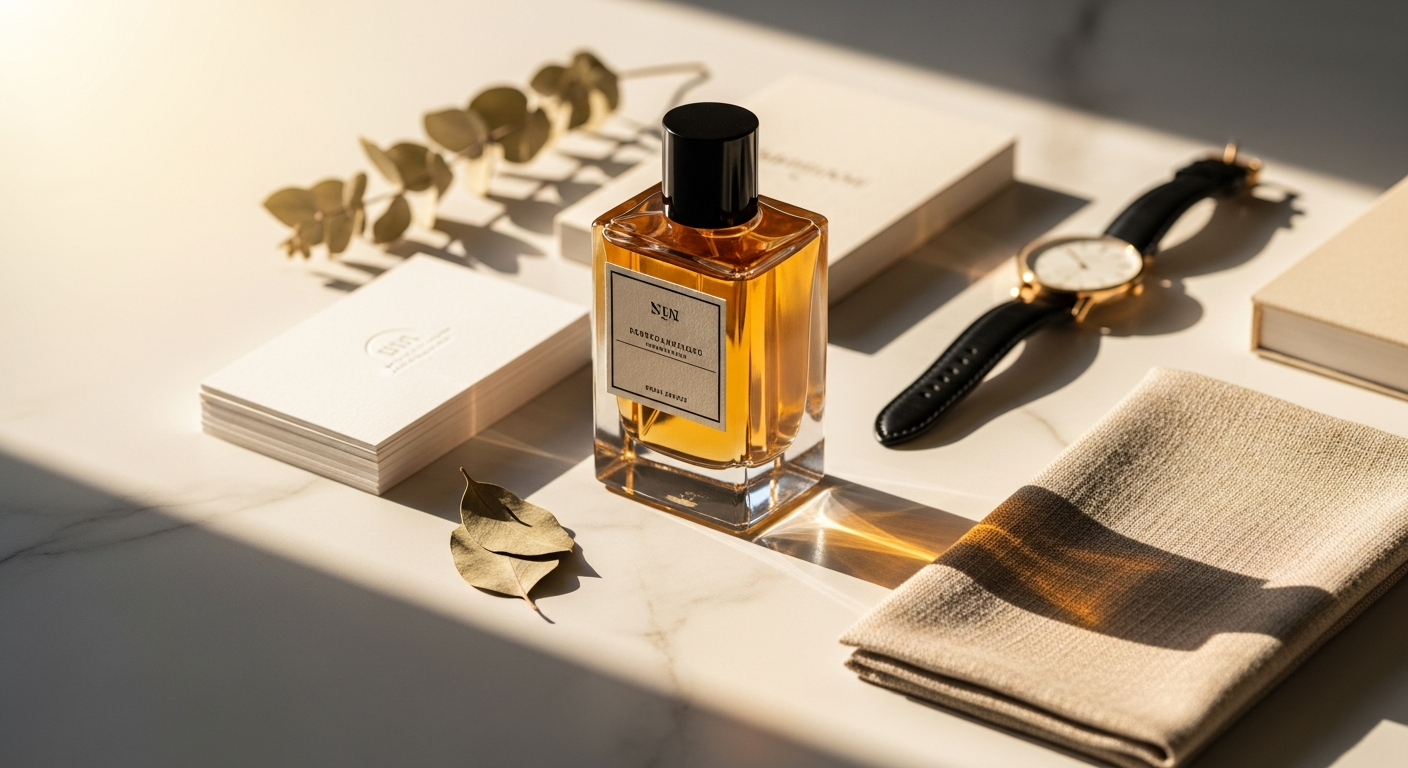 Luxury amber and floral fragrance bottle with elegant gold accents and minimalist design