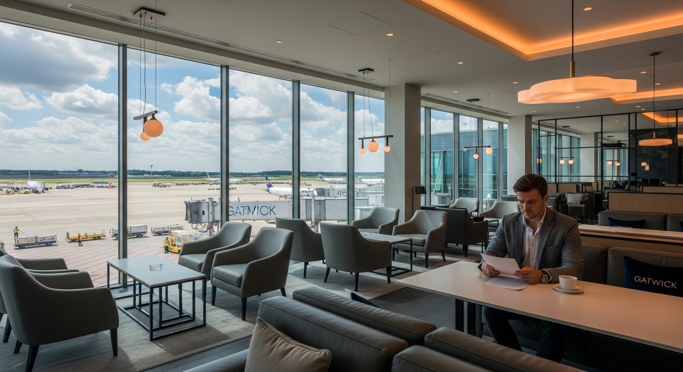 Gatwick Airport No1 Lounge modern seating area with comfortable chairs and workspace