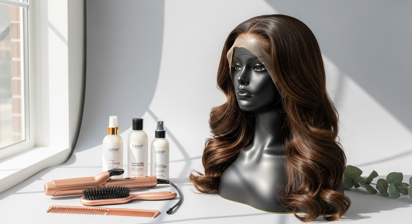 OhMyPretty glueless body wave wig displayed on mannequin head showing pre-plucked hairline