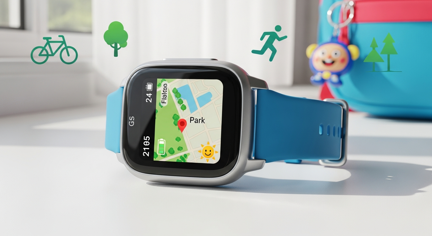 One2track Connect NEXT GPS watch displayed on child's wrist showing touchscreen interface