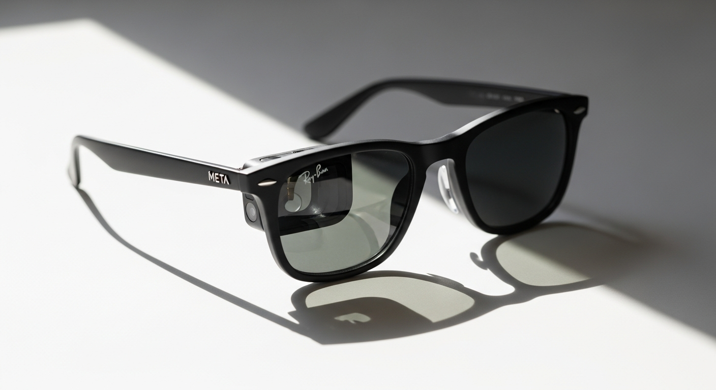 Ray-Ban Meta Wayfarer smart glasses with 12MP camera and Meta AI integration displayed on white background