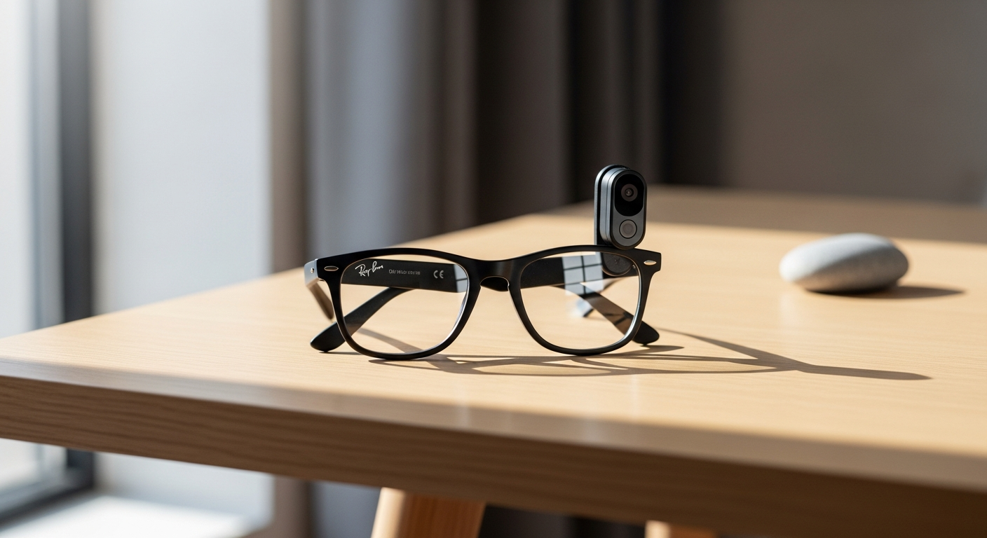 Ray-Ban Meta Wayfarer smart glasses with camera and microphone array displayed on white background