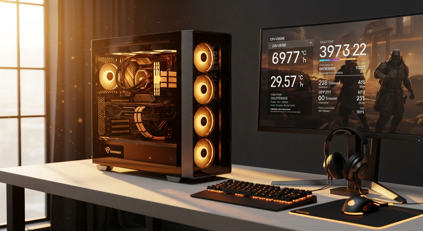 Refract Gaming Amber pre-built PC tower with RGB lighting and components visible