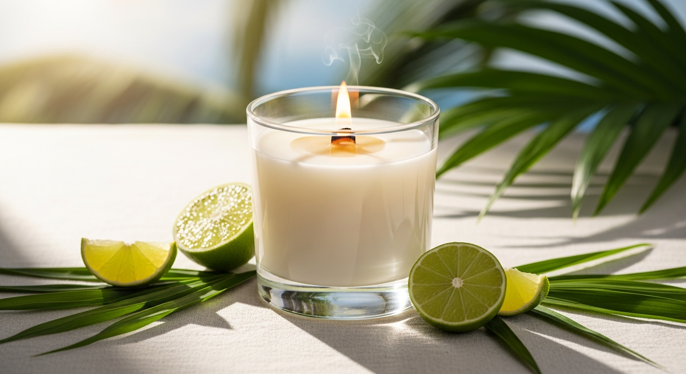 Palm Beach Coconut Lime Deluxe Candle in elegant glass vessel with tropical setting