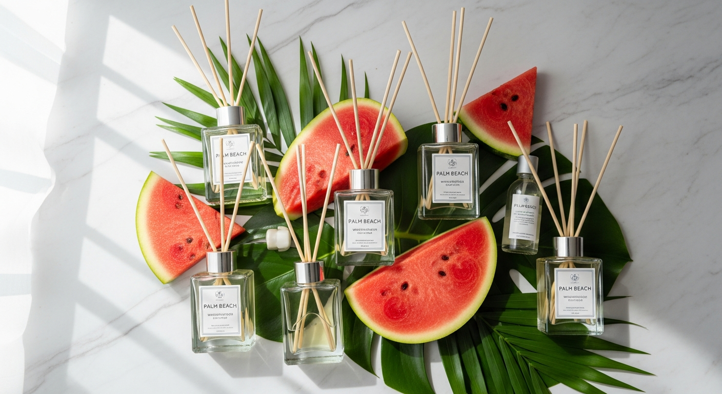 Palm Beach Watermelon Reed Diffuser in elegant glass bottle with reeds