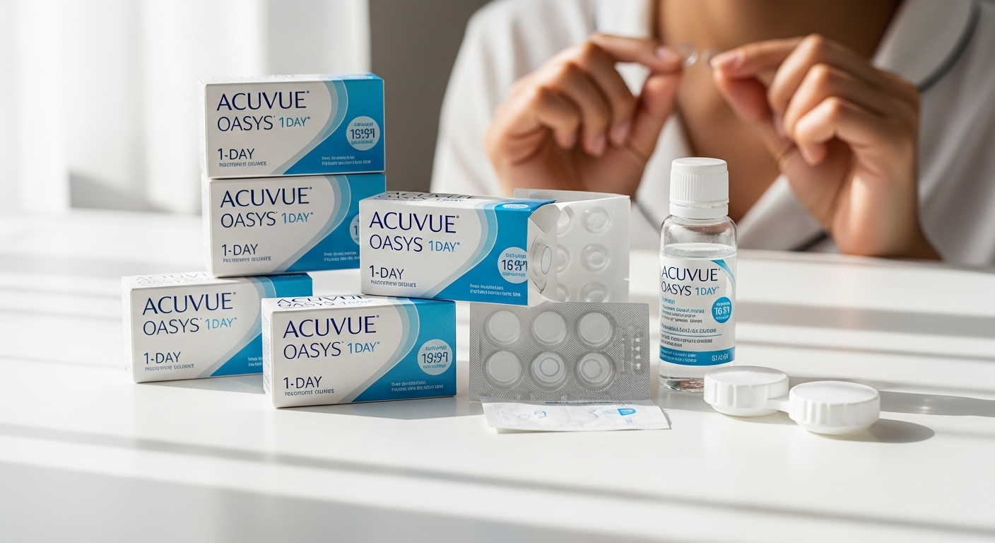 Woman wearing Acuvue Oasys contact lenses working at laptop with clear vision