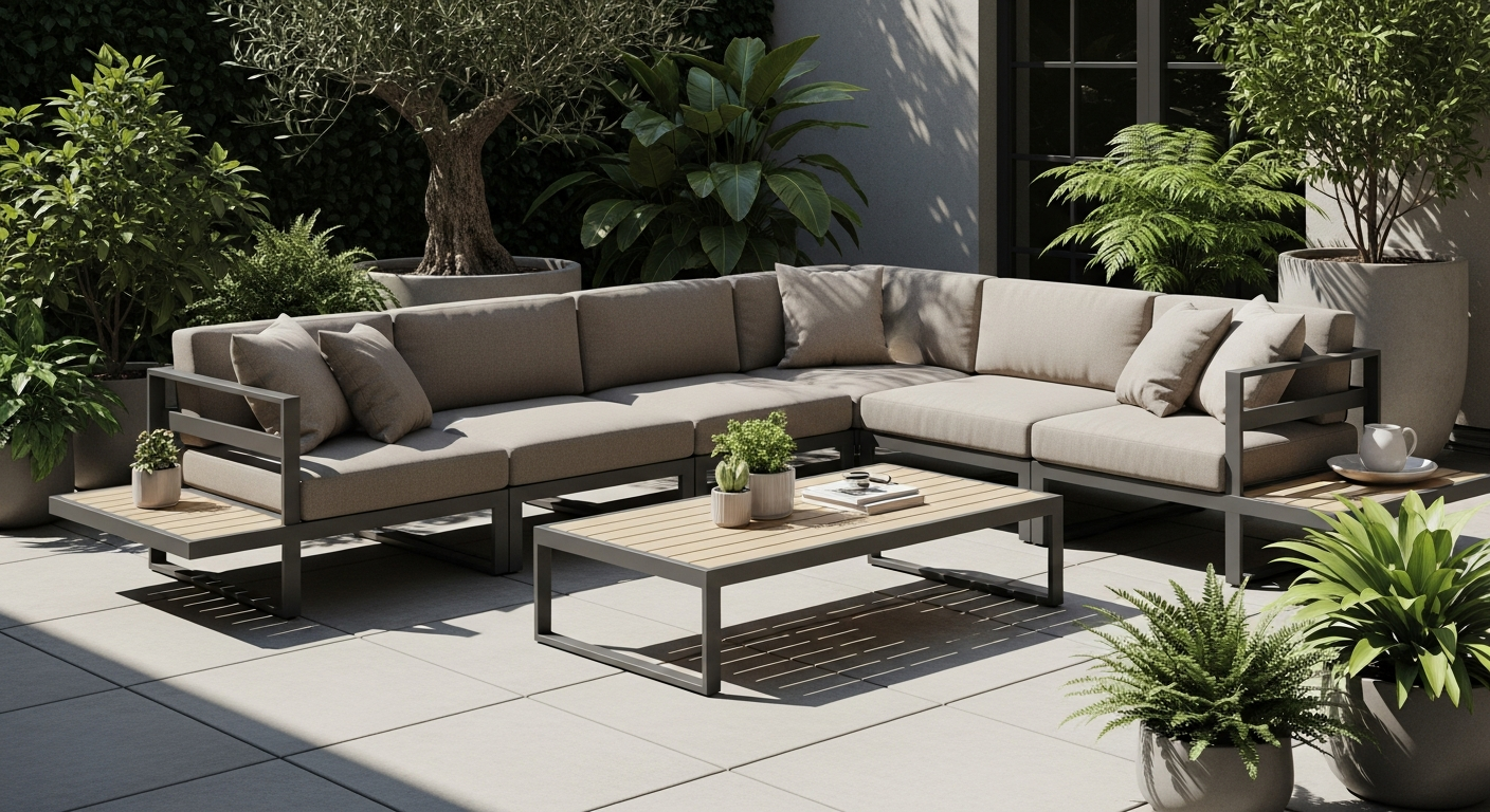 Garden FLAIR Danny Lounge Set with acacia wood and beige PE rattan cushions on a modern terrace
