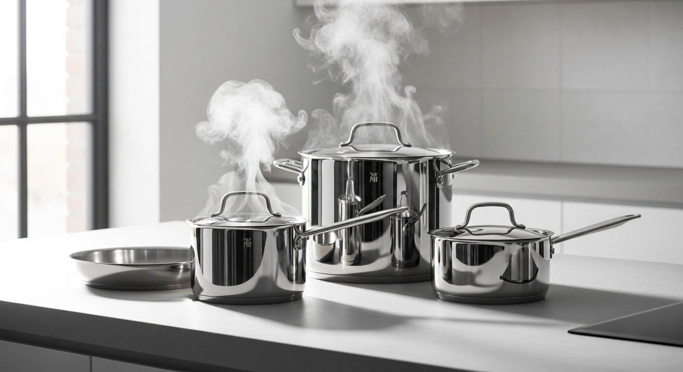 WMF Astoria stainless steel pot set with glass lids on kitchen stovetop