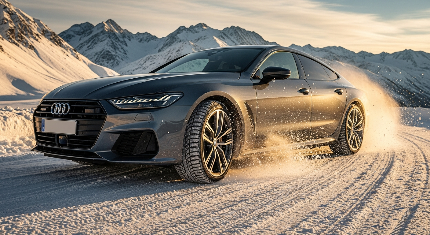 Continental WinterContact winter tires on snowy mountain road with ice conditions