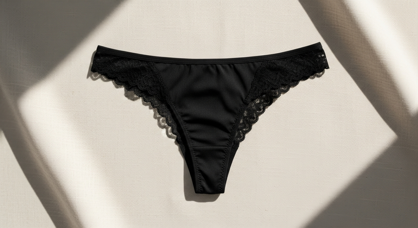 Black thong period underwear with lace detailing displayed on white background