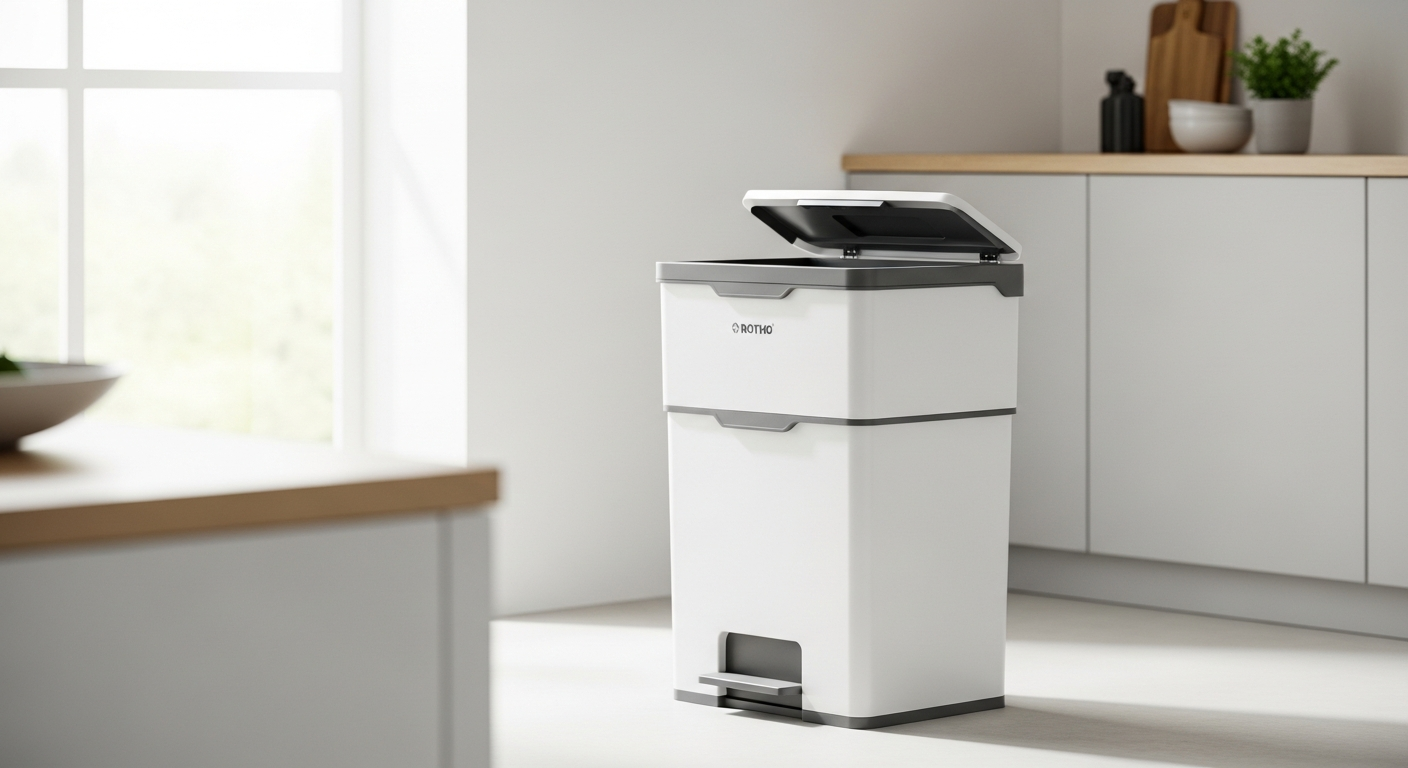 Rotho Albula 40L stackable recycling bins in multiple colors stacked vertically in a modern apartment kitchen