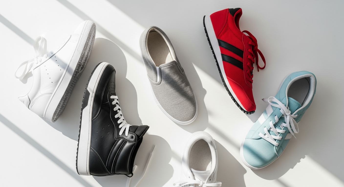 Colorful everyday sneakers displayed on white background showing various styles