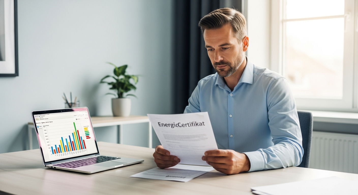 German landlord reviewing online energy performance certificate on computer screen