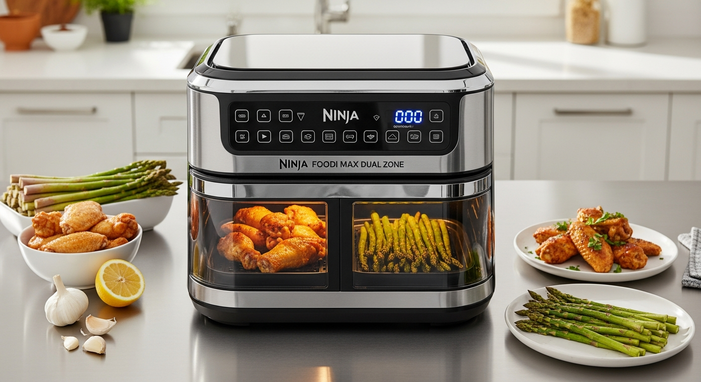 Ninja Foodi MAX Dual Air Fryer with two independent cooking drawers and chrome accents
