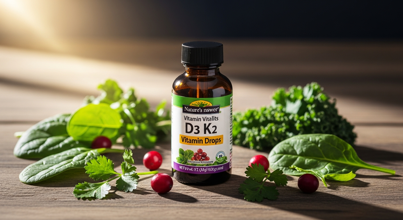 Nature's Answer Vitamin D3 K2 Drops bottle with supplement facts and natural ingredients displayed