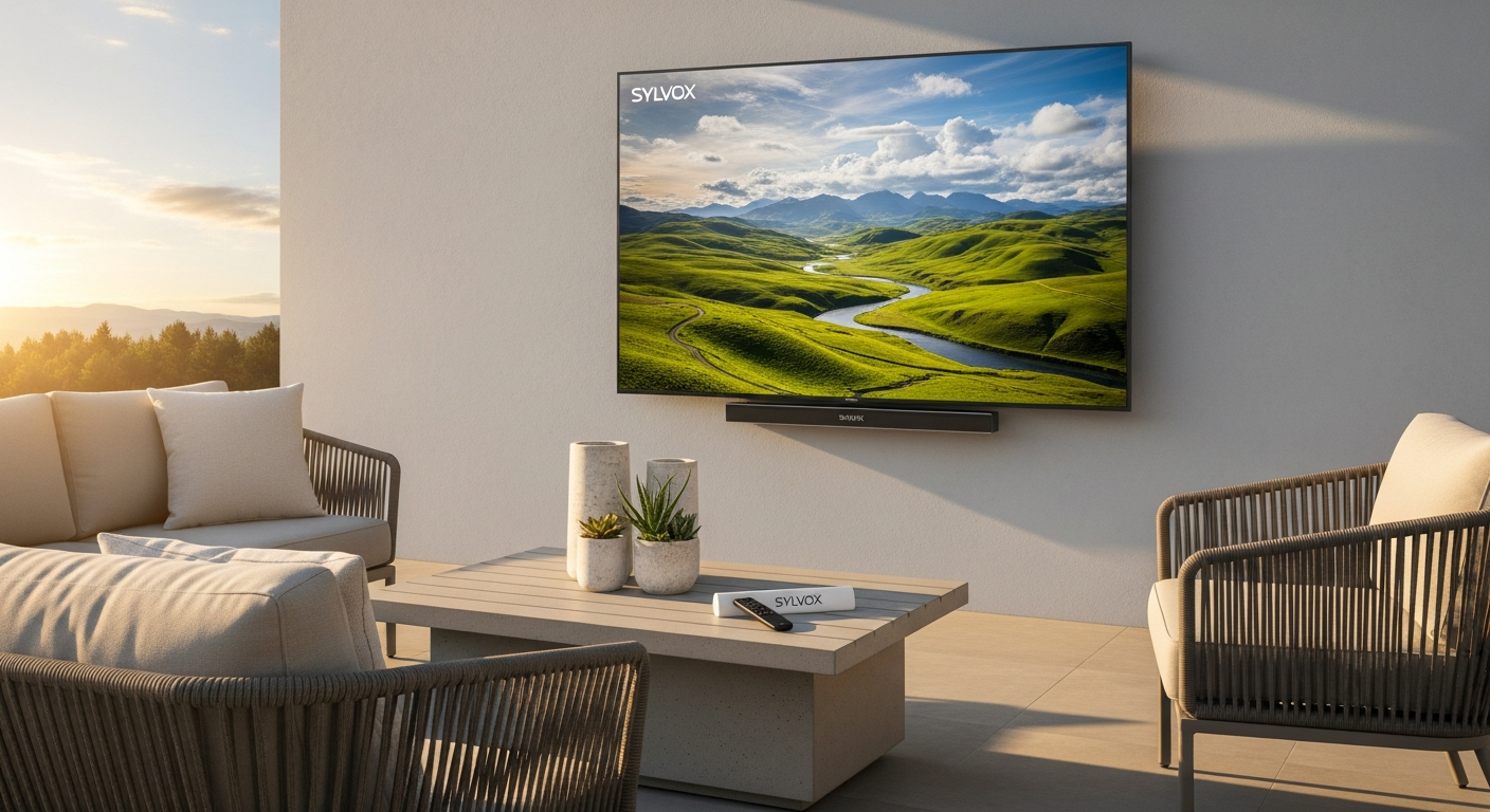 Sylvox 55-inch outdoor TV displaying vibrant content in bright sunlight with pool area backdrop