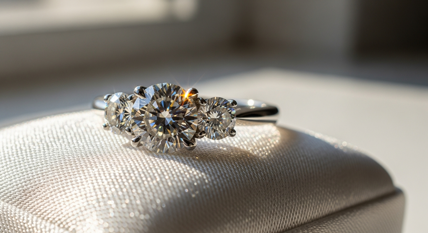 Elegant 1 carat diamond three stone ring in white gold setting