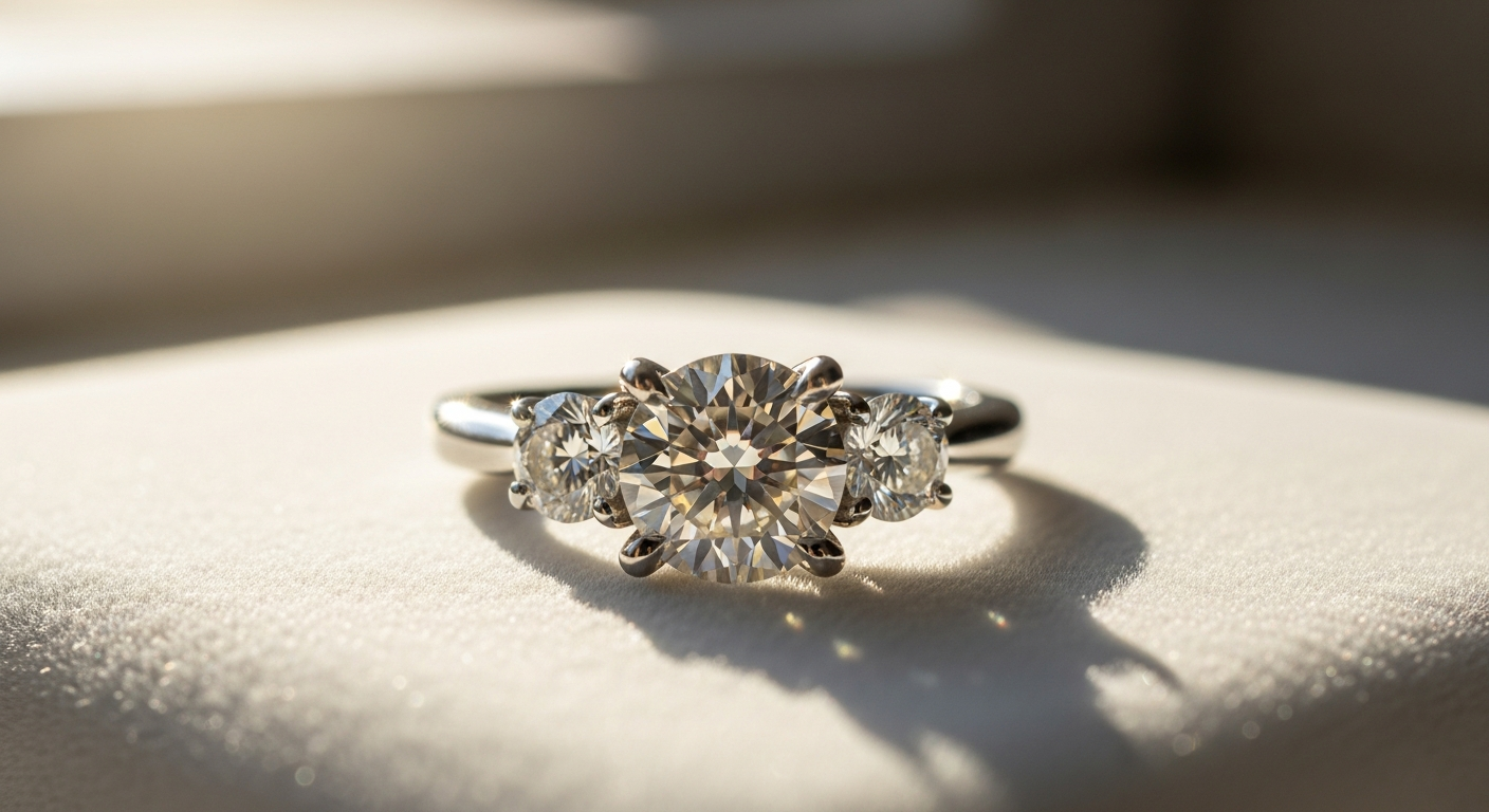 1 carat diamond three stone white gold engagement ring on hand