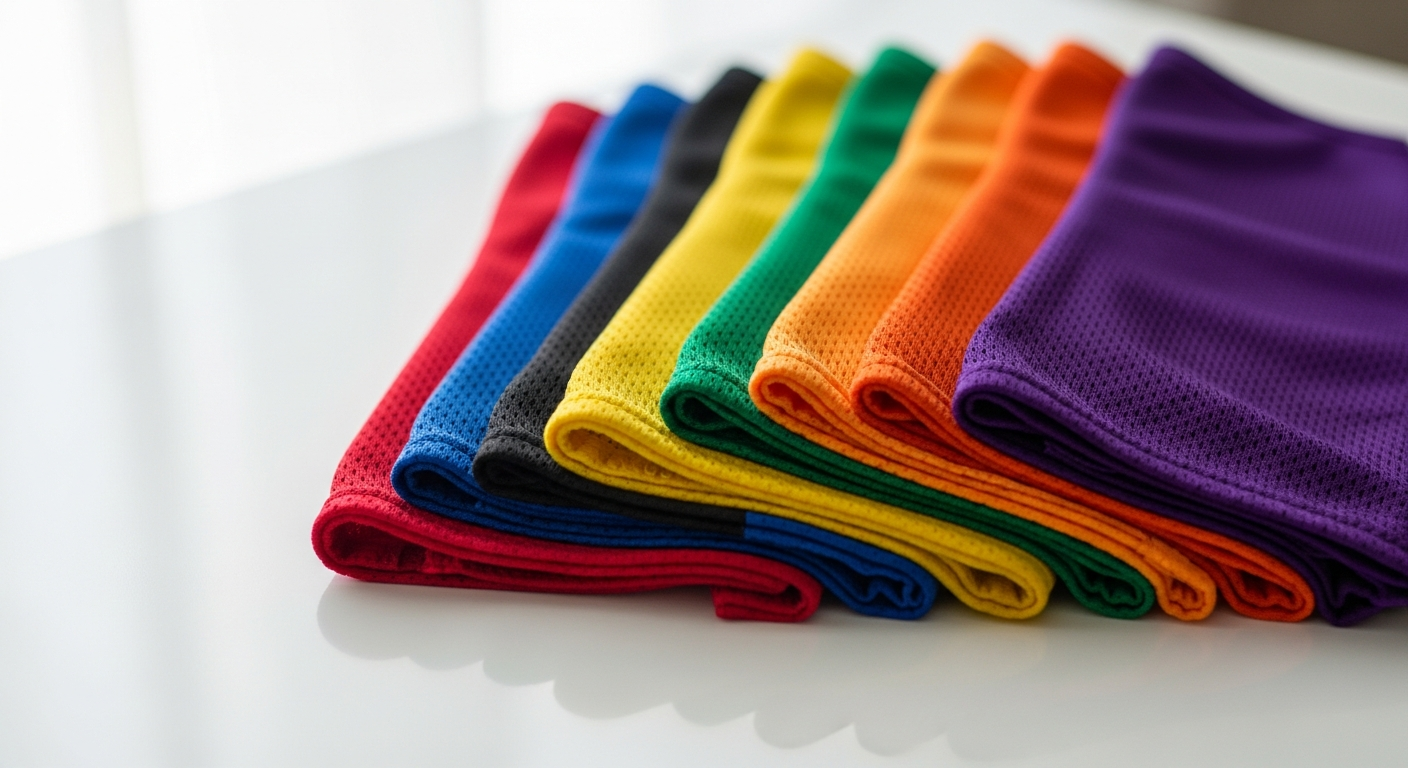 Colorful training bibs in six vibrant colors displayed for team organization