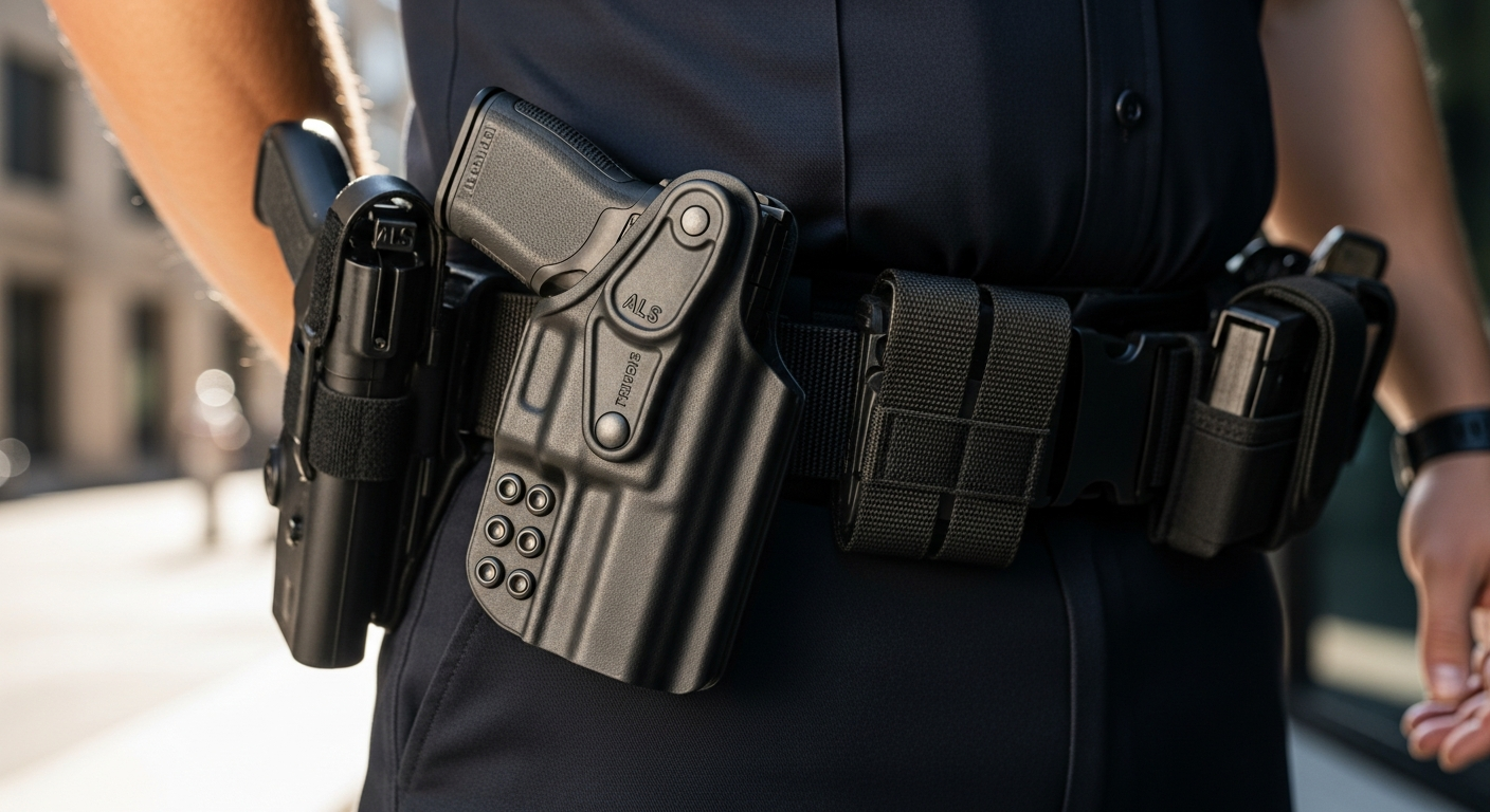 Safariland 6360 ALS/SLS duty holster with red dot optics mounted on tactical pistol