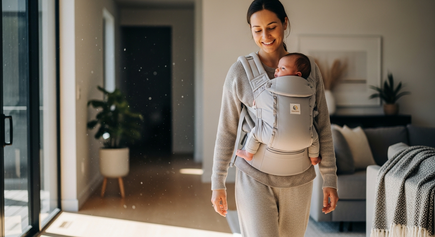 Parent wearing Portier Limitless Baby Carrier with infant in natural tweed fabric
