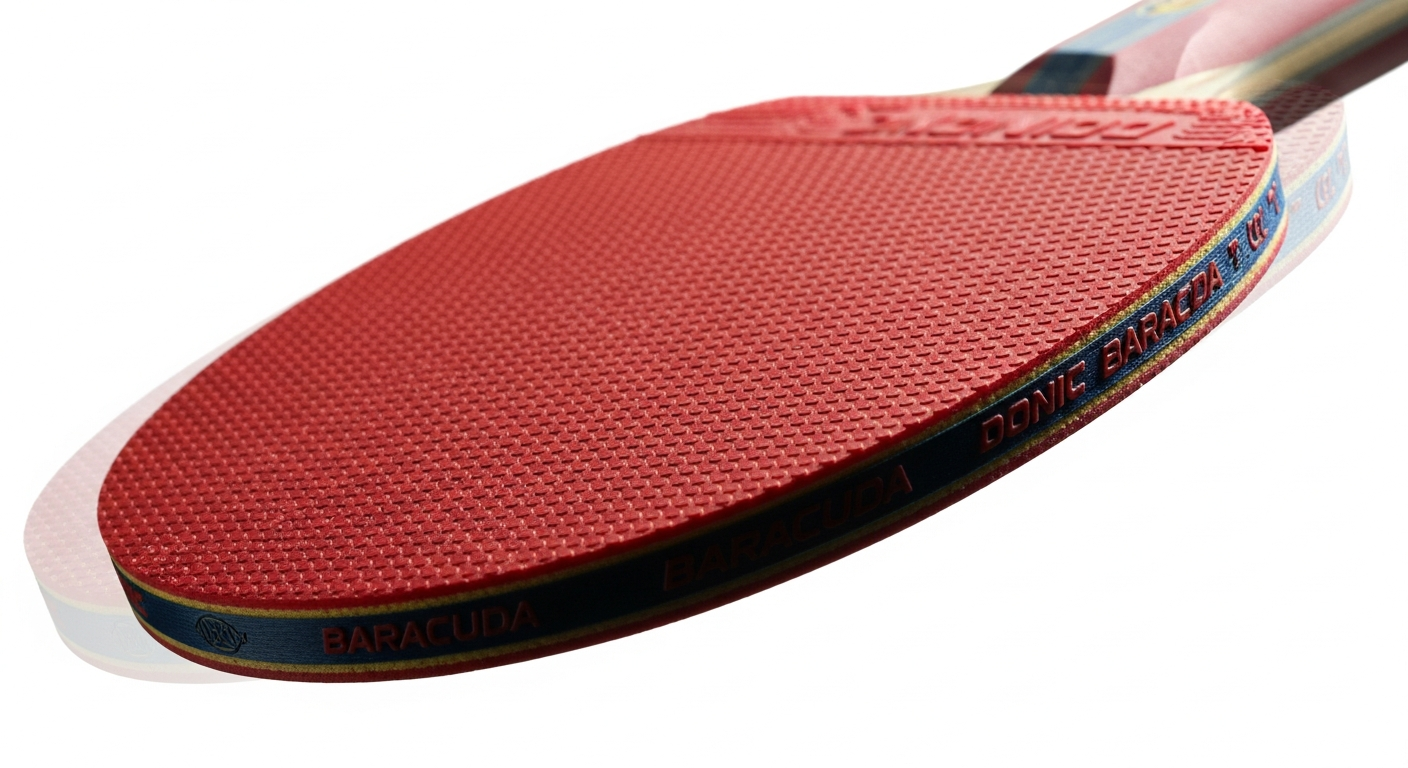 Donic Baracuda table tennis rubber on paddle showing red surface texture