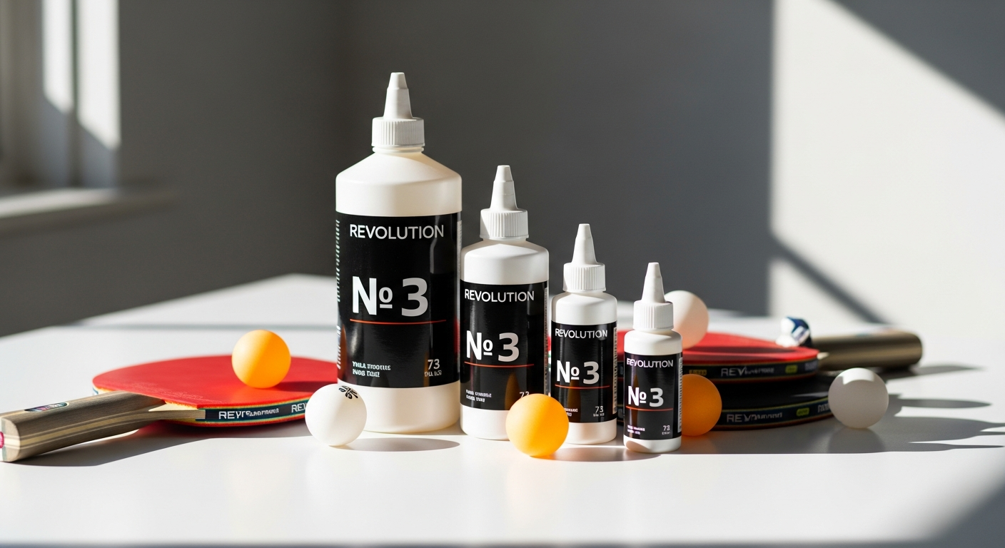 Revolution No. 3 table tennis glue bottle with sponge applicator and rubber sheet