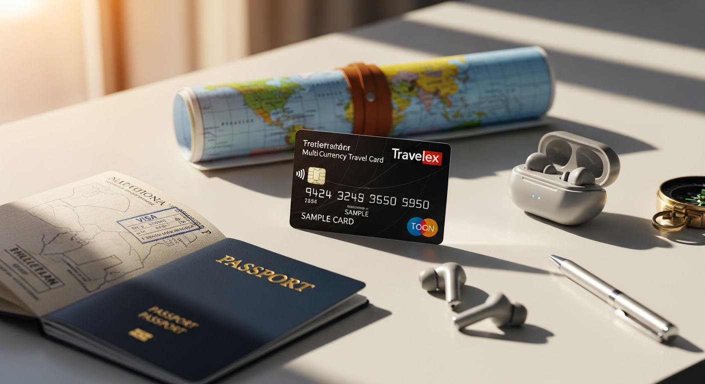 Travelex Money Card displayed with multiple currency symbols and world map background