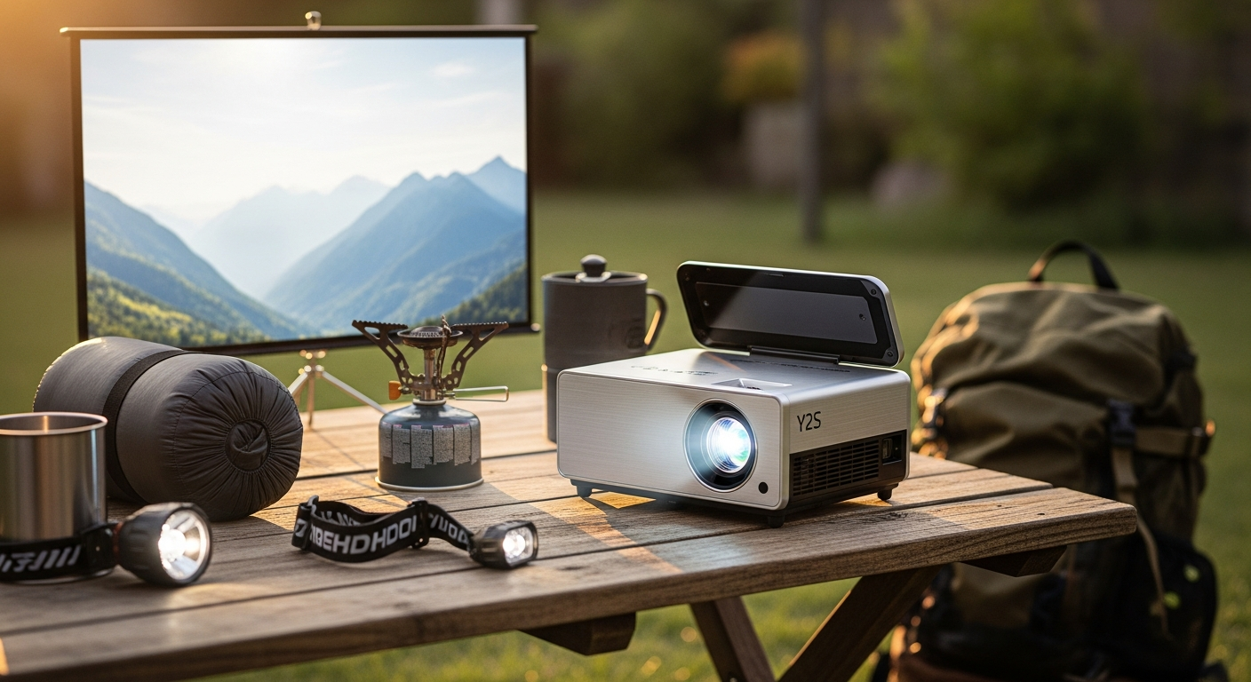Mini Projector Y2S Portable HD projector displaying outdoor backyard movie night entertainment