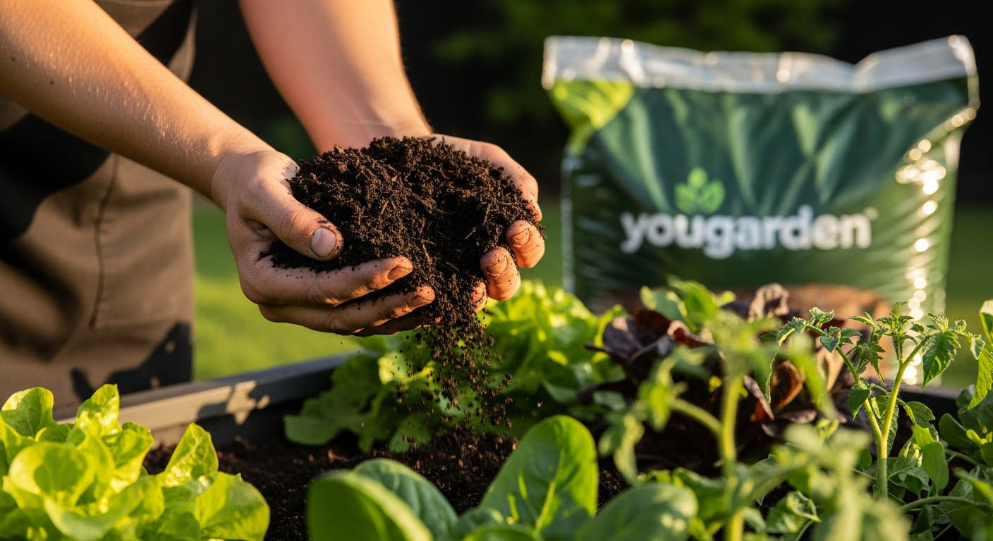 YouGarden Premium Professional Multipurpose Compost bag displayed in a garden setting with healthy plants