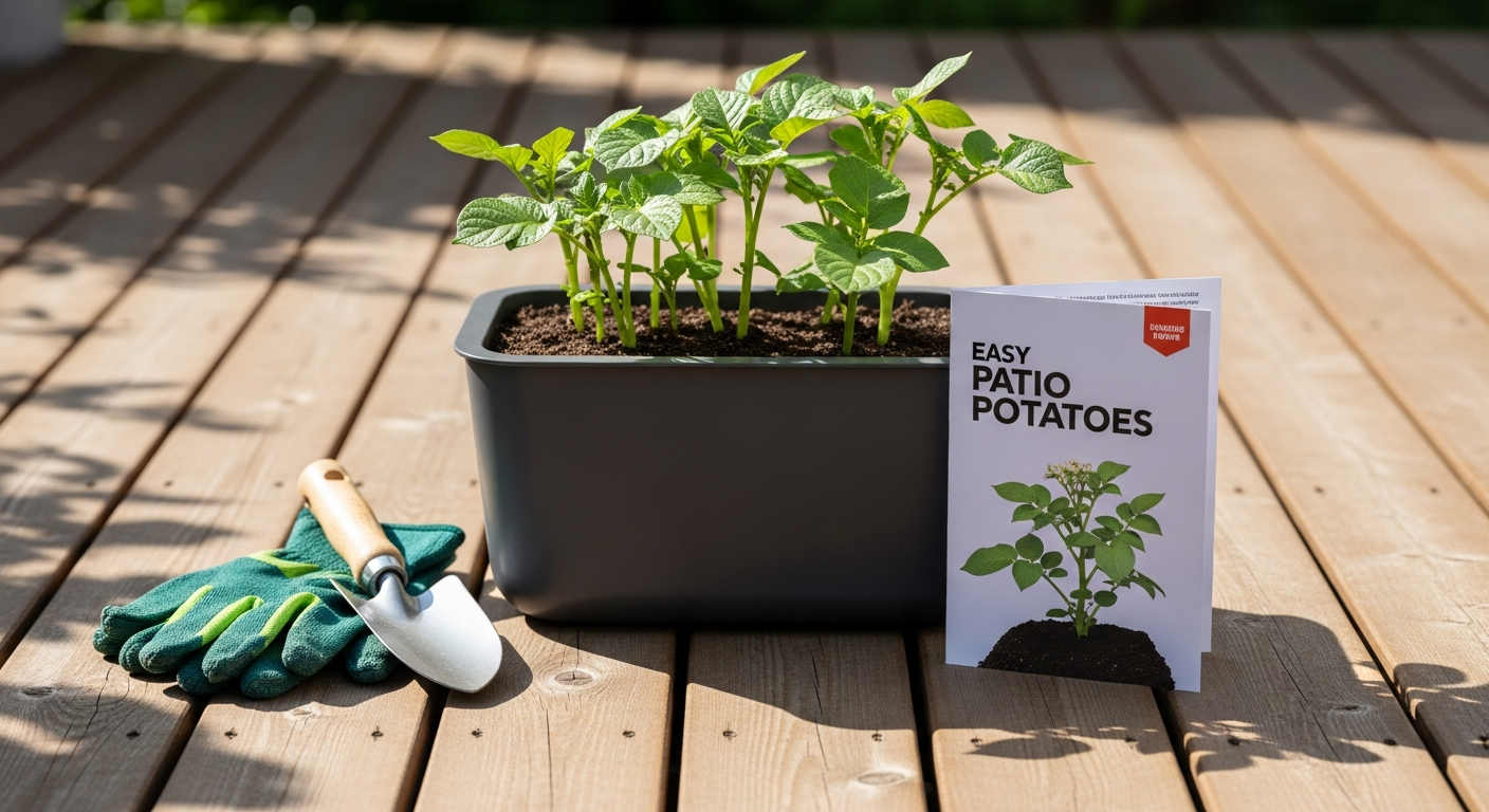 YouGarden Complete Patio Potato Growing Kit with three green grow pots and seed potatoes displayed on a patio