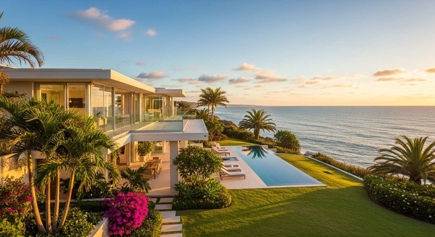 Luxury Caloundra beachfront mansion with manicured gardens and ocean views
