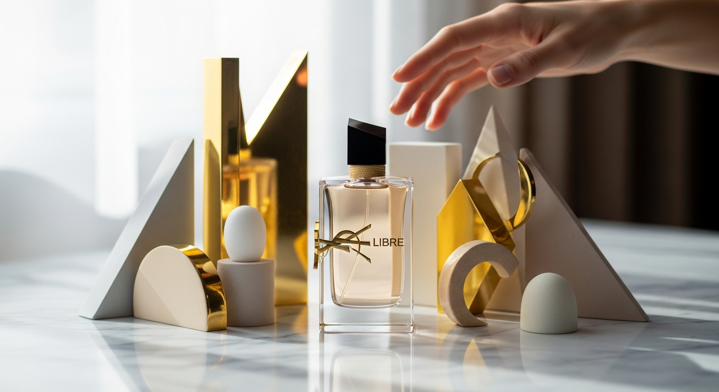 YSL Libre Eau de Parfum bottle with lavender and orange blossom flowers
