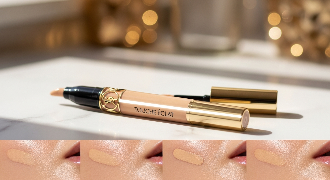 Gold YSL Touche Éclat illuminator pen with radiant glow on skin