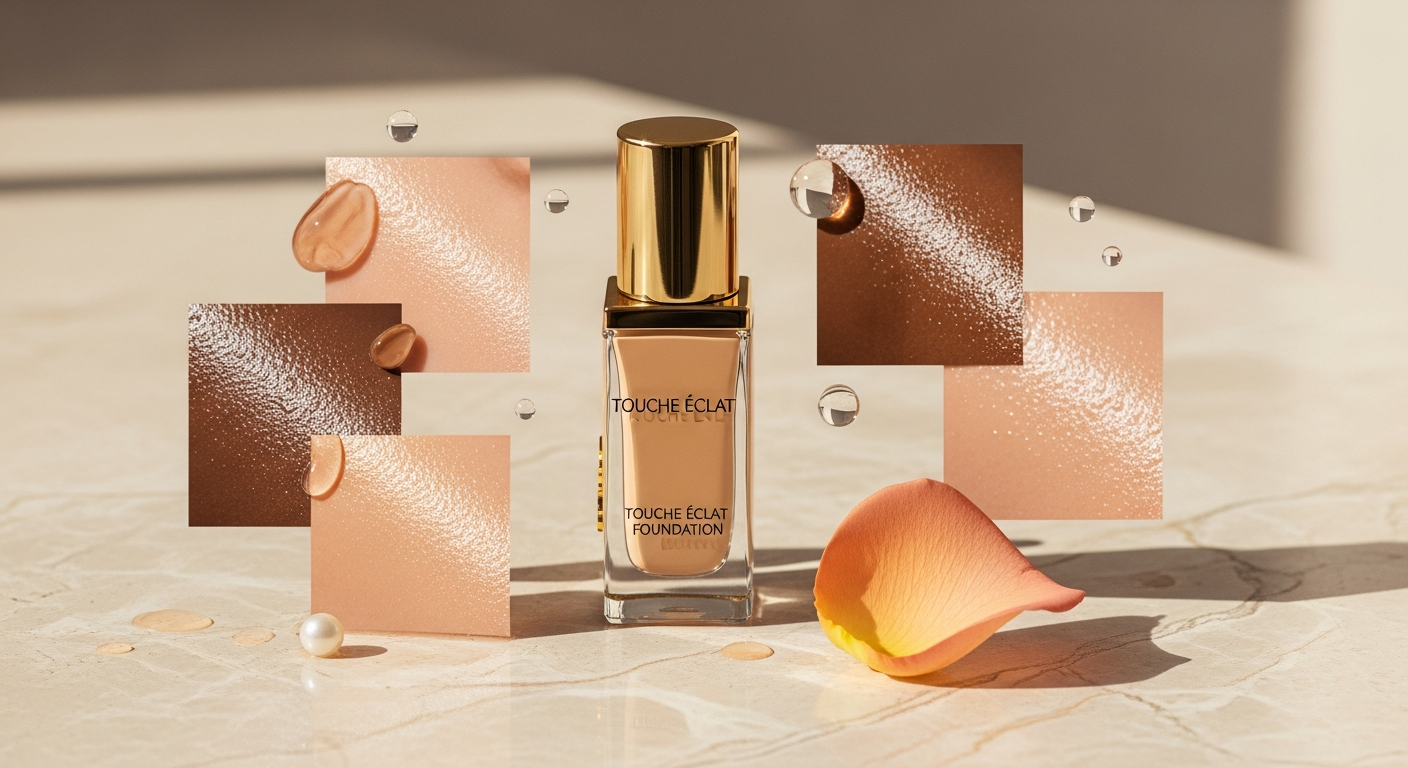 YSL Touche Éclat Le Teint Foundation bottle displayed with glowing, hydrated skin complexion