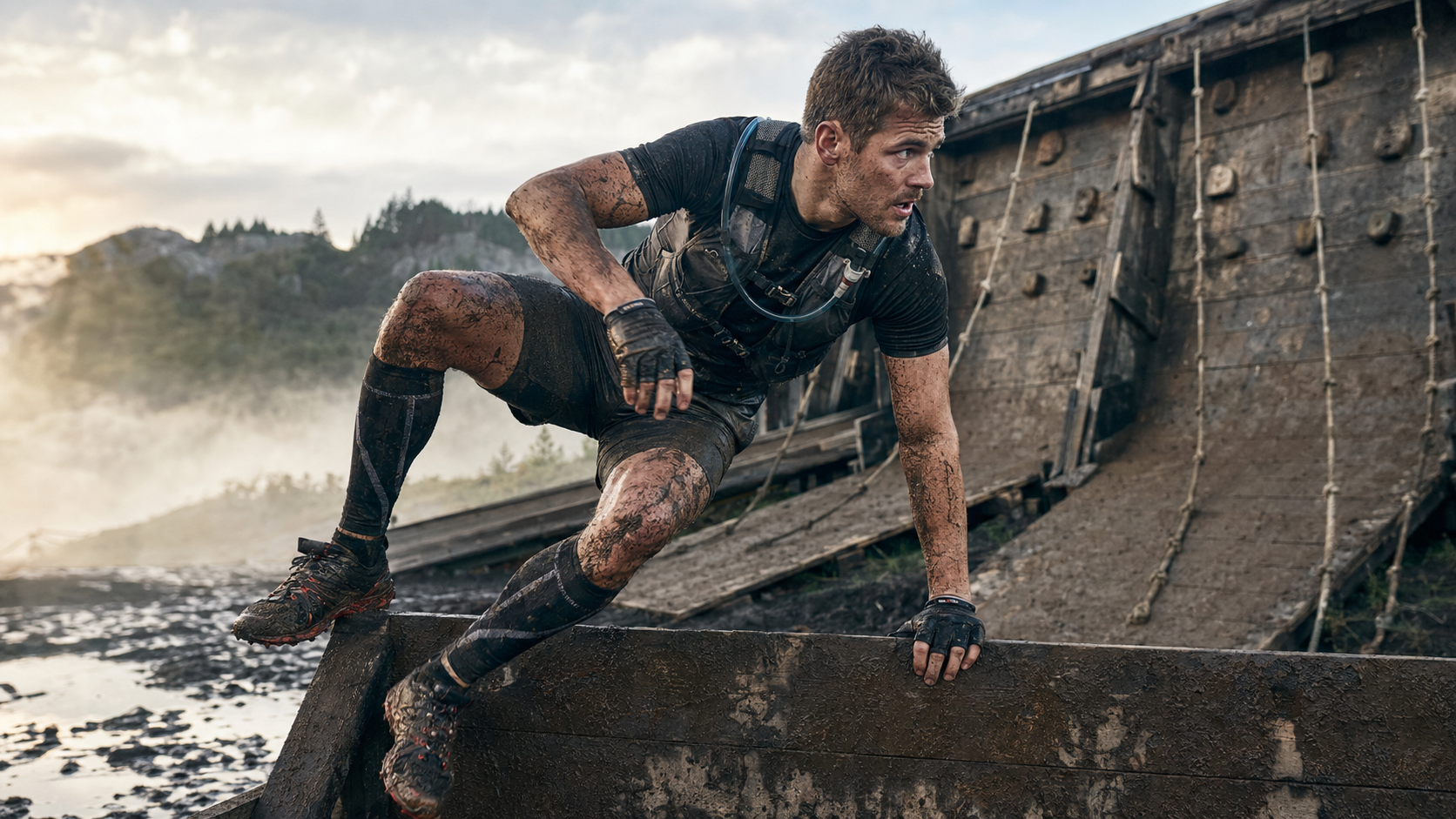 Spartan Race gear featuring trail running shoes, compression clothing, gloves, and hydration equipment for obstacle course racing.