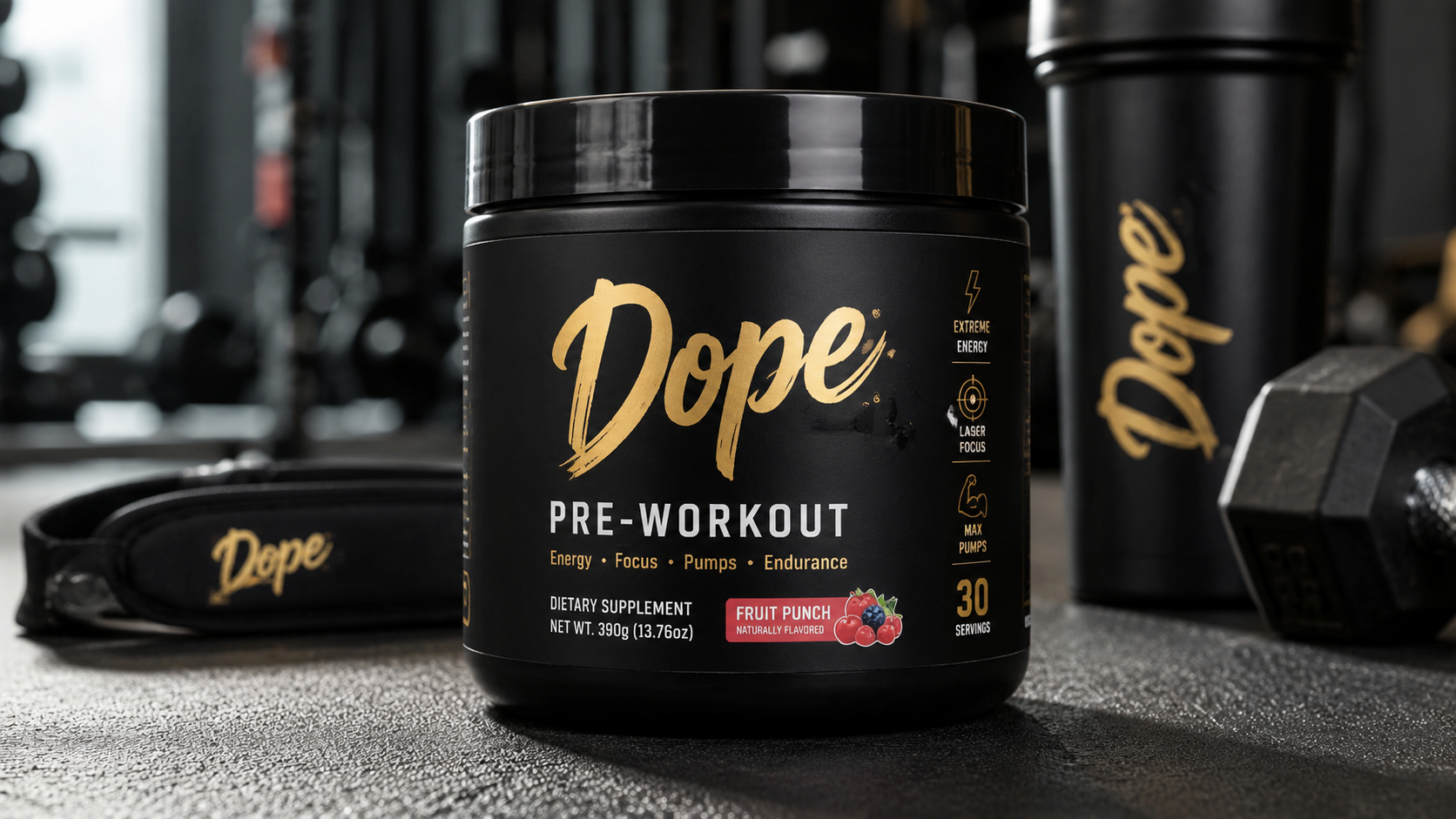 Dope Pre-Workout Fruit Punch supplement tub on a gym floor with a shaker bottle, lifting straps, and dumbbell, showcasing a premium pre-workout formula for energy, focus, pumps, and endurance.