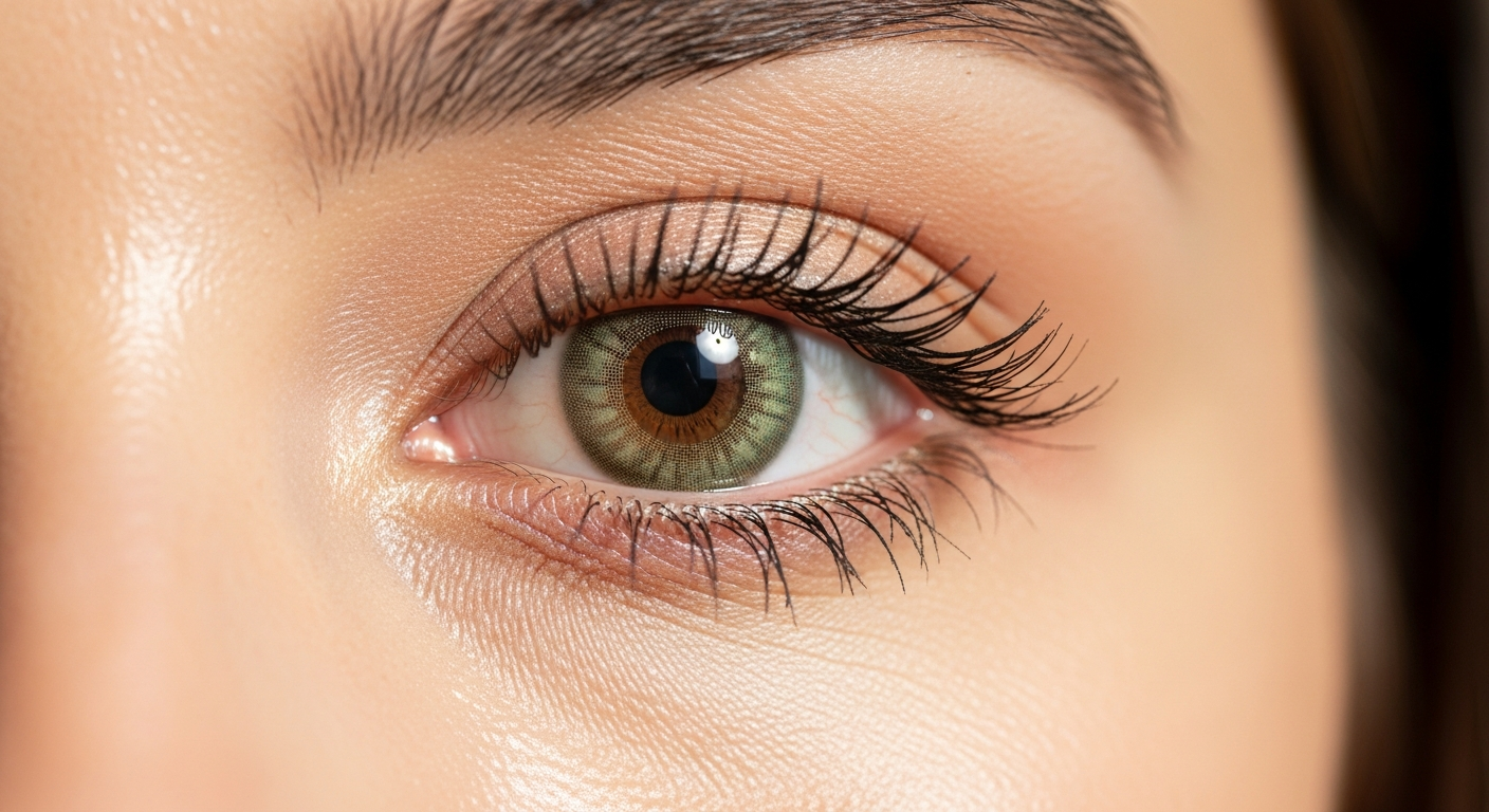 Adore Pearl Green contact lenses displayed in packaging with natural eye enhancement demonstration