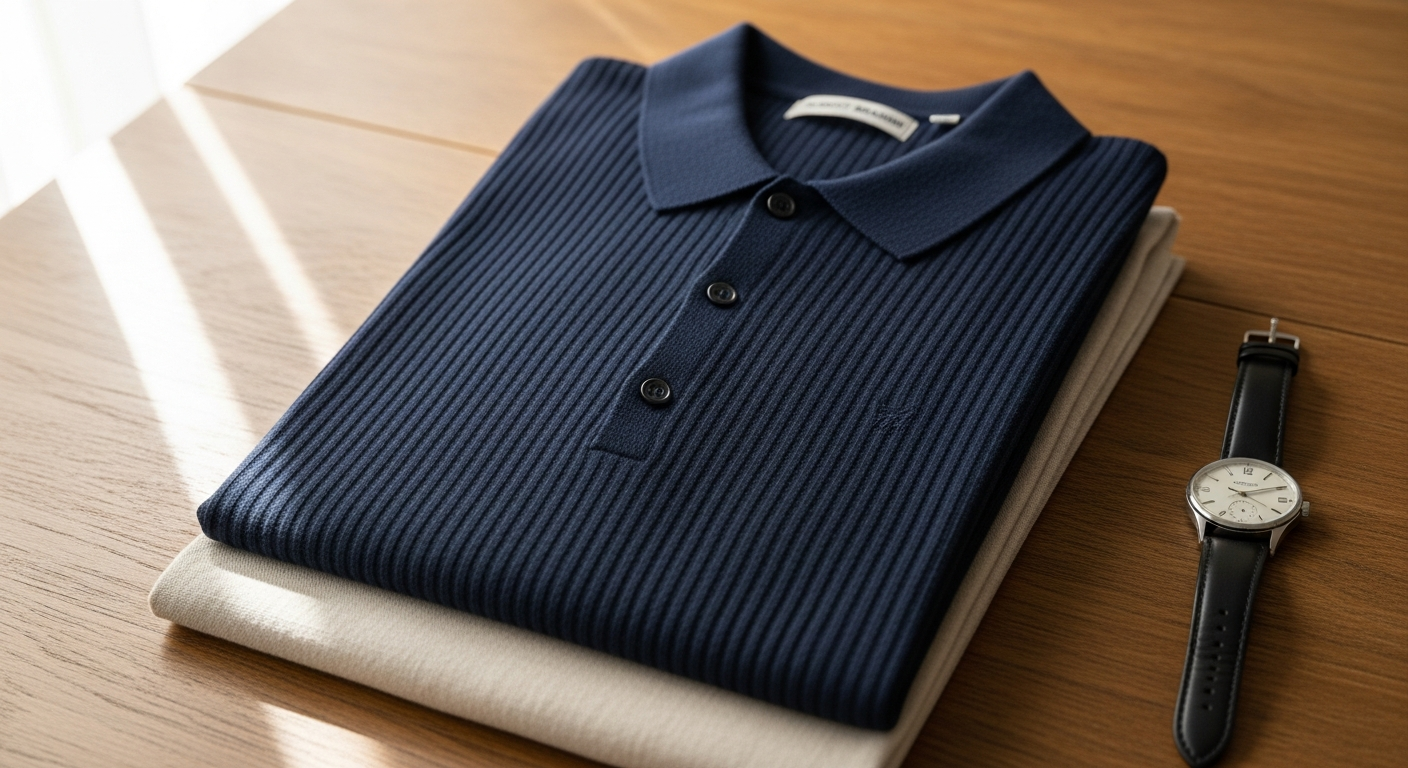 Albert Brandon Ribbed Knit Polo Shirt in white, black, and marine colorways displayed on neutral background